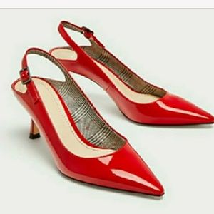 Zara RED FAUX PATENT COURT SHOES